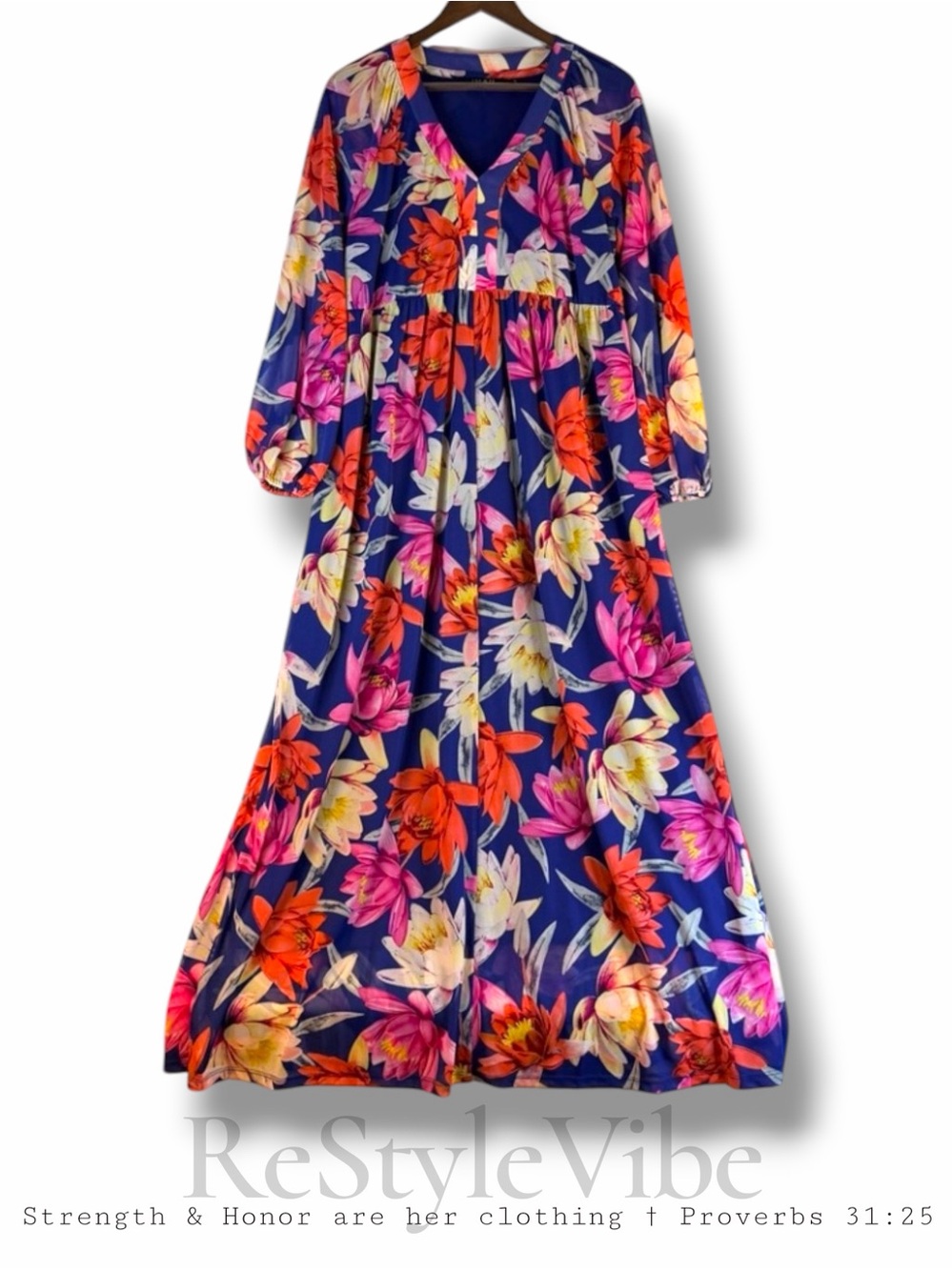 IMAN Women’s Size S Dress Maxi Long Sleeve Floral V-Neckline Lined Stretch